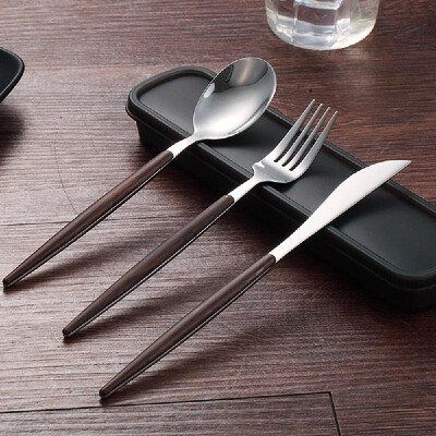 

Wood Grain Stainless Steel Western Food Tableware Portable Steak Cut&Fork Set 3pcs Dinnerware Kit