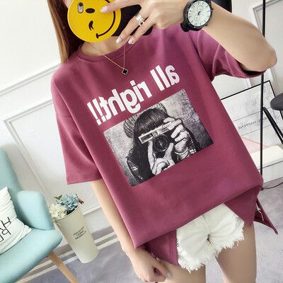 

Langyue womens 2019 summer new student loose short-sleeved T-shirt female Korean casual simple shirt LWTD191428 purple red code