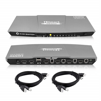 

TESmart 4x1 HDMI KVM Switch HDMI 4K 3840x216060Hz 444 with 2 Pcs 5ft15m KVM Cables Supports USB 20 Devices