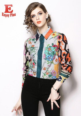

M L XL elegant satin new autumn 2018 women blouse shirt long sleeve vintage flower digital print slim office lady top