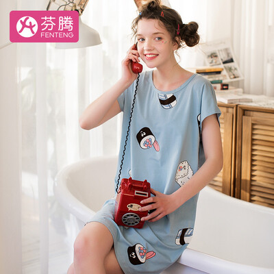

Fen Teng 2019 spring&summer new personality pattern round neck cotton girlfriends short-sleeved home service ladies pajamas nightdress X980A21482 light blue