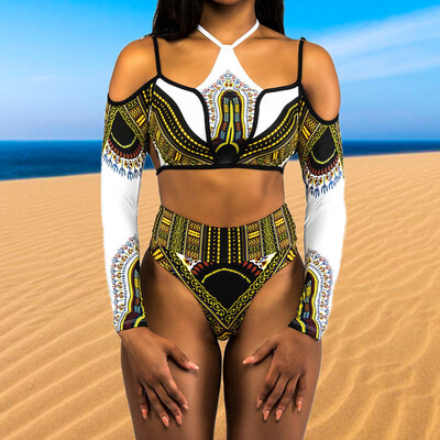 

Sexy Women Plus Size Bikini Set Print Cropped Top Long Sleeves High Waist Cut Out 2Pcs Swimsuit Swimwear
