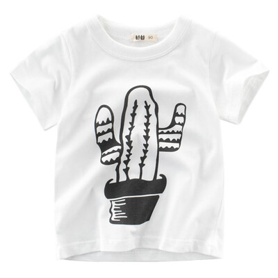 

Boy Short Sleeve Cotton T-Shirt Round Neck Tops Summer Kids Clothes Cute Cactus Printing Shirt Tee White 90
