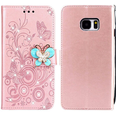 

MOONCASE Samsung Galaxy S7 Edge Butterfly Rhinestone Embossed Leather Case - Rose Gold