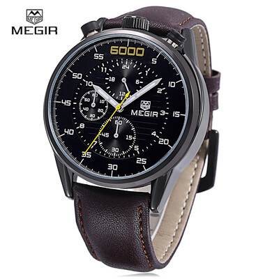 

MEGIR 3005 Leather Strap 30M Water Resistant Male Quartz Watch with Luminous Analog Working Sub-dials