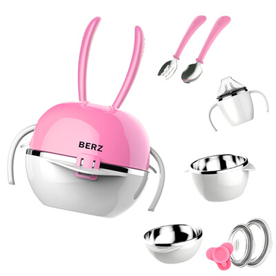 

Bayesian BERZ childrens tableware baby food bowl childrens bowl portable 5 piece set 304 stainless steel bowl fork spoon baby cutlery set rainbow rabbit pink upgrade version
