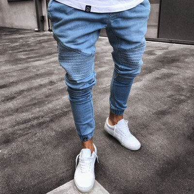 

Mens Black Pant Stretchy Ripped Skinny Biker Jeans Slim Fit Pleated Ripped Elasticity Male Tight Mid Waist Denim Pants