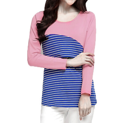

Womens Maternity Striped Nursing Breastfeeding Shirt Long Sleeves Top Clothes Blue