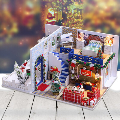 

Miniature Super Mini Size Doll House Model Building Kits Wooden Furniture Toys DIY Dollhouse Girl Bedroom Blue Christmas