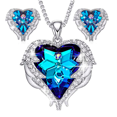 

Angel Wing Heart of Ocean Pendant Necklaces Studs Earrings for Women Girls Made with Swarovski Crystals Jewelry Sets Gifts