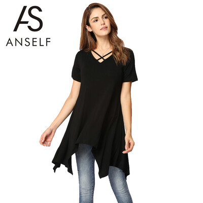 

Sexy Women Asymmetric T-Shirt Criss Cross V Neck Short Sleeve Blouse Solid Loose Casual Tunic Top BlackGreyArmy Green