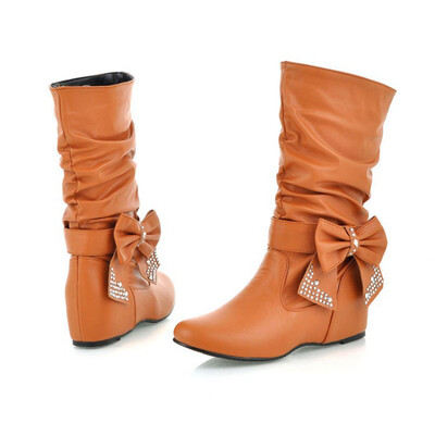 

IDIFU Womens Cute Bowknot Rhinestone Heighten Mid Calf Boots