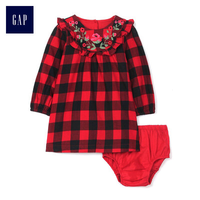 

GAP flagship store female baby embroidery plaid cotton long-sleeved dress baby skirt 375086 modern red 73cm 6-12 months