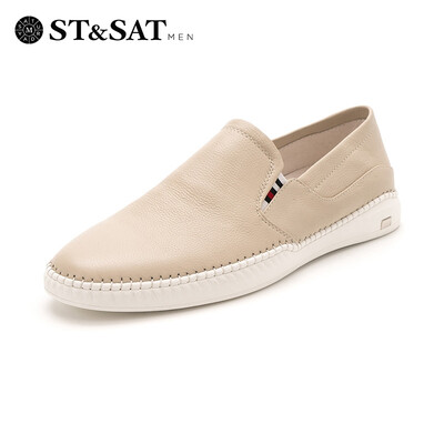 

Saturday mens shoes ST&SAT cow leather lightweight breathable casual lazy one pedal driving shoes SS92123231 apricot 39