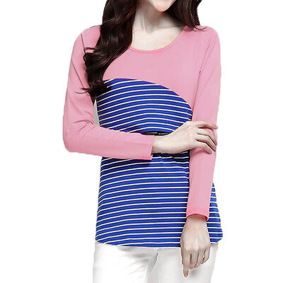 

Womens Maternity Striped Nursing Breastfeeding Shirt Long Sleeves Top Clothes Blue S