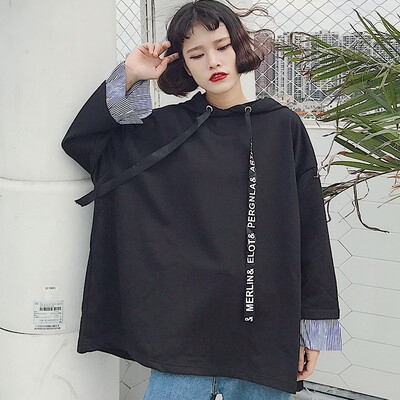 

City Plus CityPLUS 2019 new Harajuku style loose stitching stripe long sleeves loose large size thin section sweater women CWWY191276 black