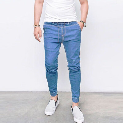 

Mens Casual Autumn Denim Cotton Zipper Fly String Work Trousers Jeans Pants streetwear mens ripped jeans