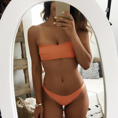 

Women Bikini Set Strapless Bandeau Solid Color Leopard Print Padded Low Waist Tie Sexy Two Piece Swimwear