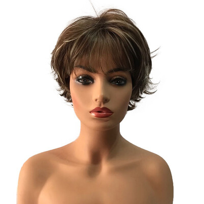 

StrongBeauty Fashion Short Wavy Brown Wig Highlight Layered Air Fringe Elegant Synthetic Wig Natural Looking