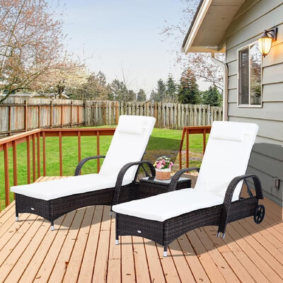 

3 Piece Rattan Wicker Adjustable Chaise Lounge Chair with Wheels Set - BrownWhite