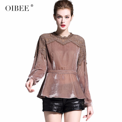 

OIBEE2019 spring new womens fashion wild lace stitching gold velvet waist shirt blouse
