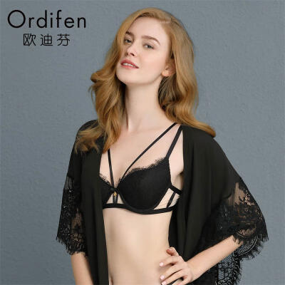 

Ou Difen underwear bra 2019 new ladies sexy cross straps lace gathered on the receiving breast bra XB9203 black C70