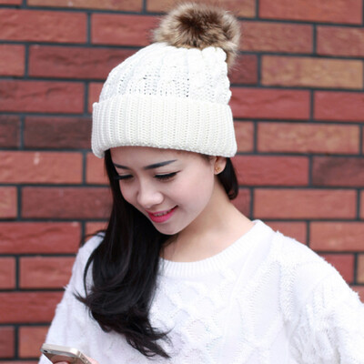 

Fashion Winter Women Rib Knit Beanie Faux Fur Pom Pom Solid Color Warm Thick Cap Skullies