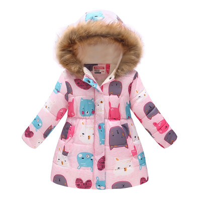 

Winter Baby Girls Cartoon Cat Printed long coats Kids Keep Warm thick Parkas Coats Children Girls Outerwear Coats Girls Clothes