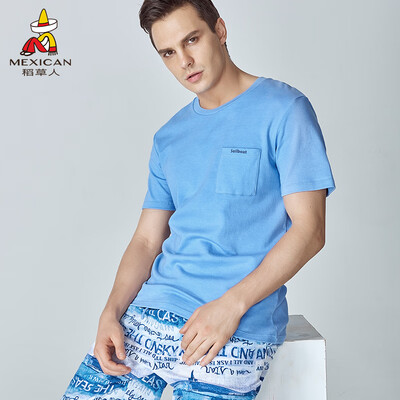 

Scarecrow mens pajamas spring&summer short-sleeved round neck thin section tide mens printed shorts suit can be worn outside the head home service 80920 blue 170