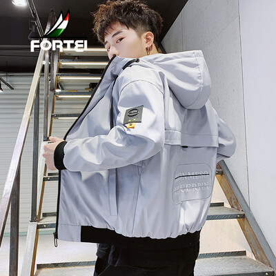 

Fuyi FORTEI jacket mens 2019 spring new slim stitching hooded solid color fashion trend coat jacket male 9033 gray