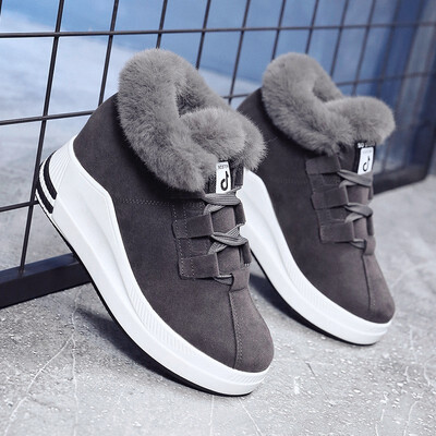 

Women Flat Platform Shoes with Fur High Top Lace-up Sneakers Winter Warm Solid Height Increasing Feamle Student Canvas Footwear