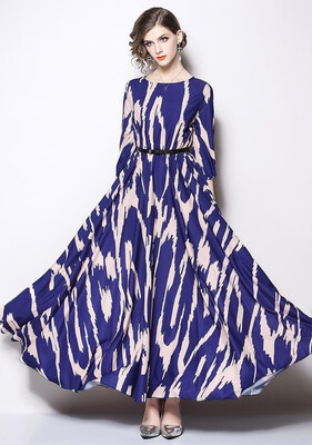 

M L XL elegant new autumn 2018 women maxi long dress 34 sleeve blue pink print V neck A line ankle length with belt formal lady