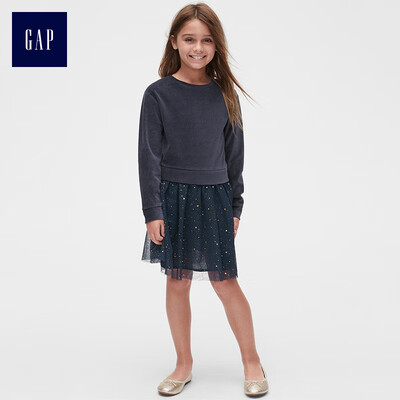 

GAP flagship store girls velvet tulle stitching long sleeve dress 398427 navy blue S