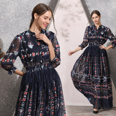 

M L XL XXL beach new summer 2019 long maxi chiffon dress women half sleeve navy blue digital print vintage ankle length lady