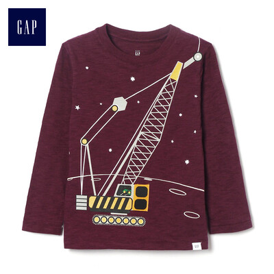 

GAP flagship store male&young fun pattern long-sleeved round neck T-shirt 357931 wine red 2YRS