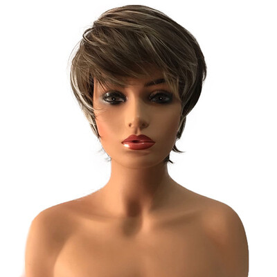 

StrongBeauty Short Straight Layered Black Women Brown Mix with Bangs Fashion Daily Wigs Natural Looking