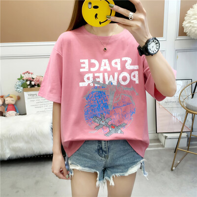 

Langyue Womens 2019 Summer New Short Sleeve T-Shirt Female Korean Print Loose Student Top LWTD191513 Pink L