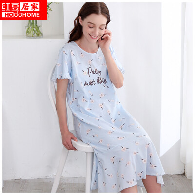 

Red bean home 2019 spring&summer new womens pajamas cotton breathable flower print can be worn outside home service short-sleeved nightdress 002 blue 16588A