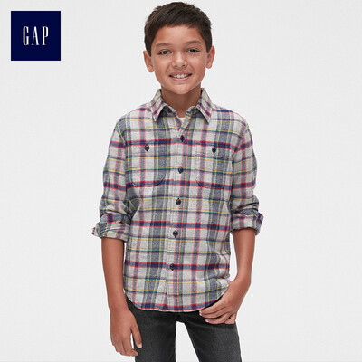

GAP flagship store boy flannel check long-sleeved shirt 399507 light hemp gray XS