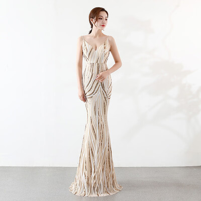 

Noble Sequin Stripe Mermaid Evening Dress Contrast Color Shining V Neck Long Slim Party Evening Dresses