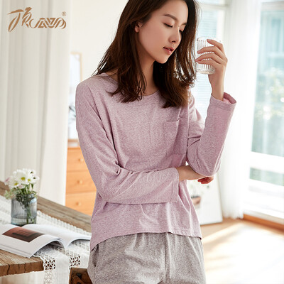 

Top melon melon pajamas women cotton spring&summer 2019 new solid color round neck edging long-sleeved pajamas set jd01107zy rubber red female 160