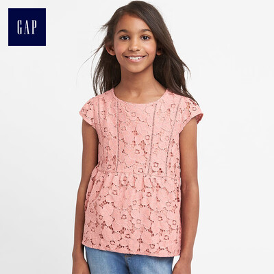 

GAP flagship store girls comfortable floral lace decorative hem short-sleeved shirt 921114 deep rose XS