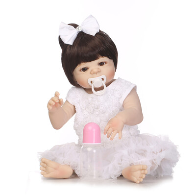 

Reborn Baby Girl Doll 22 inch Soft Full Silicone Vinyl Body Lifelike Toddler Doll Play House Bath Toy Gift for ages 3 With Blue