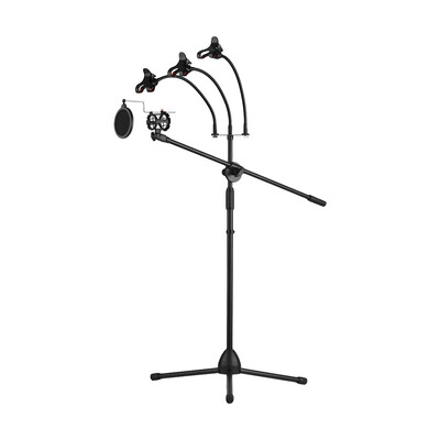 

Metal Microphone Floor Stand Tripod Adjustable Height with Boom Arm 3 Mic Holders & 3 Smartphone Holder for Studio Outdoor Cellpho