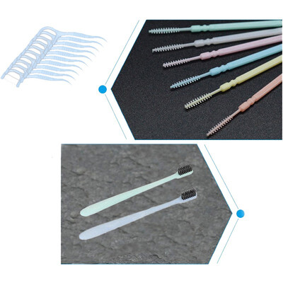

2 soft toothbrushes 10 pieces toothpicks 10 dental flosses