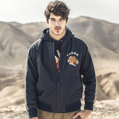 

AK mens clothing AKSERIES light retro "flying tiger roar" embroidery decoration short version baseball collar jacket 1904220 hidden blue XXXL