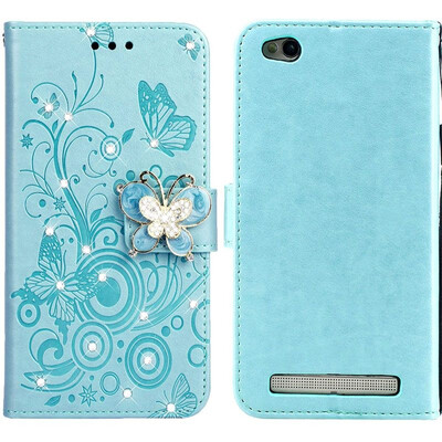 

MOONCASE Millet Red Rice 5A Butterfly Rhinestone Embossed Leather Case - Green