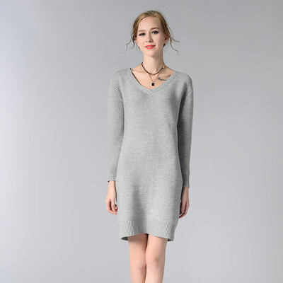 

PREISEI New Autumn Winter Women Casual Elegant Loose Solid V-Neck Long Sleeve Thick Sweater Dress Vestido Mujer
