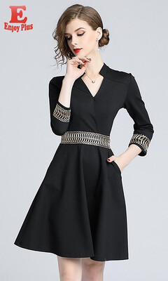 

S M L XL XXL office new autumn 2018 dress women 34 sleeve black slim A line midi embroidery elegant lady