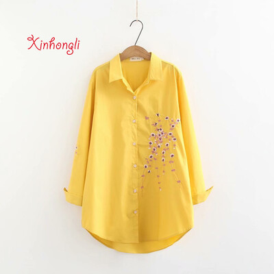 

Plus size Plum blossom Embroidery cotton women shirts 2019 spring NEW casual ladies loose blouse female yellow pink blue beige